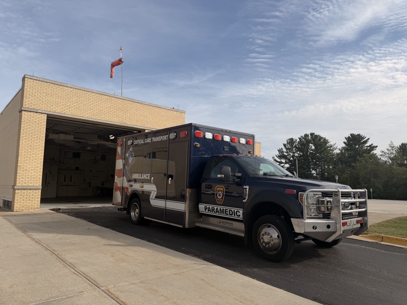 Baraboo Ambulance 572 positioned outside the station for critical-care interfacility transport.