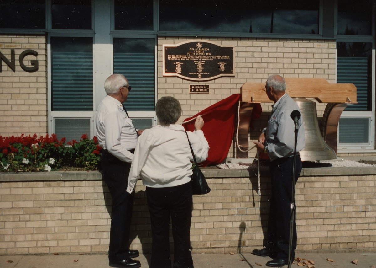 The restored City of Baraboo fire bell being unveiled in 1982.