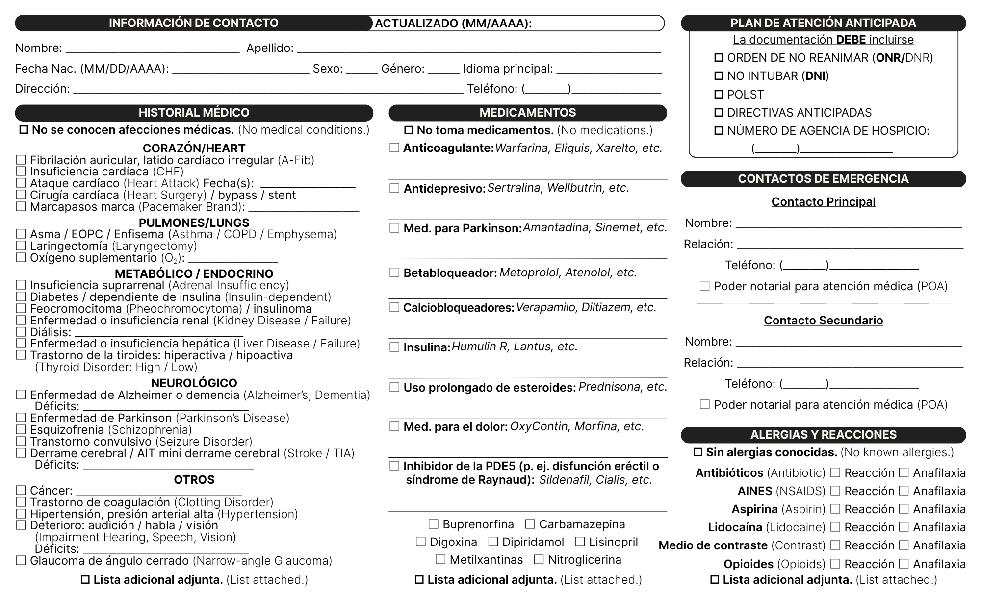 Vista previa del Formulario de Atención EMS en español