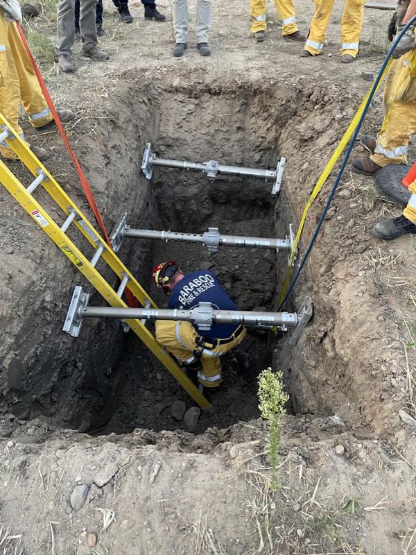 Baraboo Area Fire and EMS District personnel conducting trench rescue training with shoring equipment.